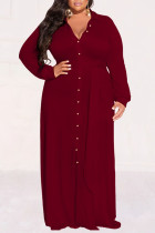 Camisa casual bordô street patchwork sólida com fivela gola redonda vestido vestidos tamanho grande