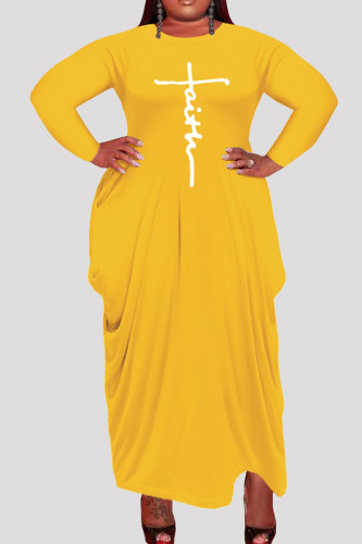 Vestidos de manga larga con cuello en O asimétrico con estampado de tallas grandes informales de moda amarilla
