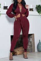Burgundy Casual Solid Bandage Patchwork V Neck Long Sleeve Two Pieces