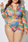 Turquoise Sexy Print Patchwork Zipper Collar Plus Size Swimwear(With A Turban)