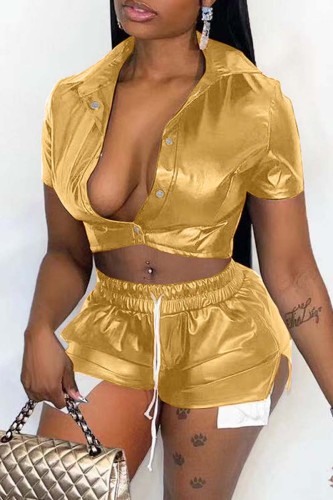 Gold Sexy Casual Solid Patchwork Turndown Collar Short Sleeve Two Pieces