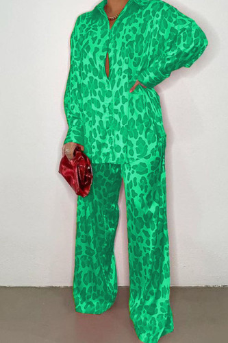 Green Casual Street Print Leopard Patchwork Buckle Turndown Collar Long Sleeve Two Pieces