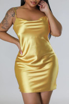 Gold Sexy Solid Patchwork Spaghetti Strap Sling Kleid Kleider