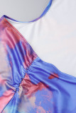 Синий сексуальный принт выдалбливают лоскутное прозрачное платье-юбка-карандаш с открытой спиной и круглым вырезом