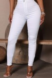 Jeans skinny casual a vita alta con patchwork solido bianco