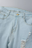 Blaue Casual Street Solide Zerrissene Make Old Patchwork High Waist Denim Jeans