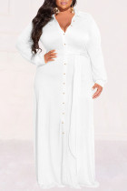 Белое повседневное уличное однотонное платье-рубашка в стиле пэчворк с отложным воротником и пряжкой Платья больших размеров