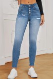 Jeans jeans skinny azul escuro casual sólido rasgado cintura alta