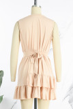 Khaki Casual Sweet Solid Patchwork Flounce With Belt Asymmetrical V Neck A Line Dresses