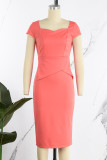ピンク カジュアル ソリッド パッチワーク スクエアカラー 半袖 ドレス ドレス