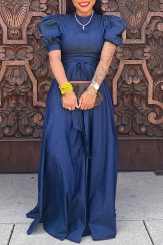 Темно-синее повседневное однотонное платье в стиле пэчворк с круглым вырезом и коротким рукавом Платья