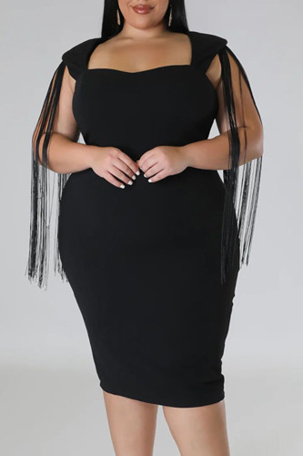 Black Sexy Solid Tassel Patchwork Square Collar Plus Size Dresses(Subject to the Actual Object)
