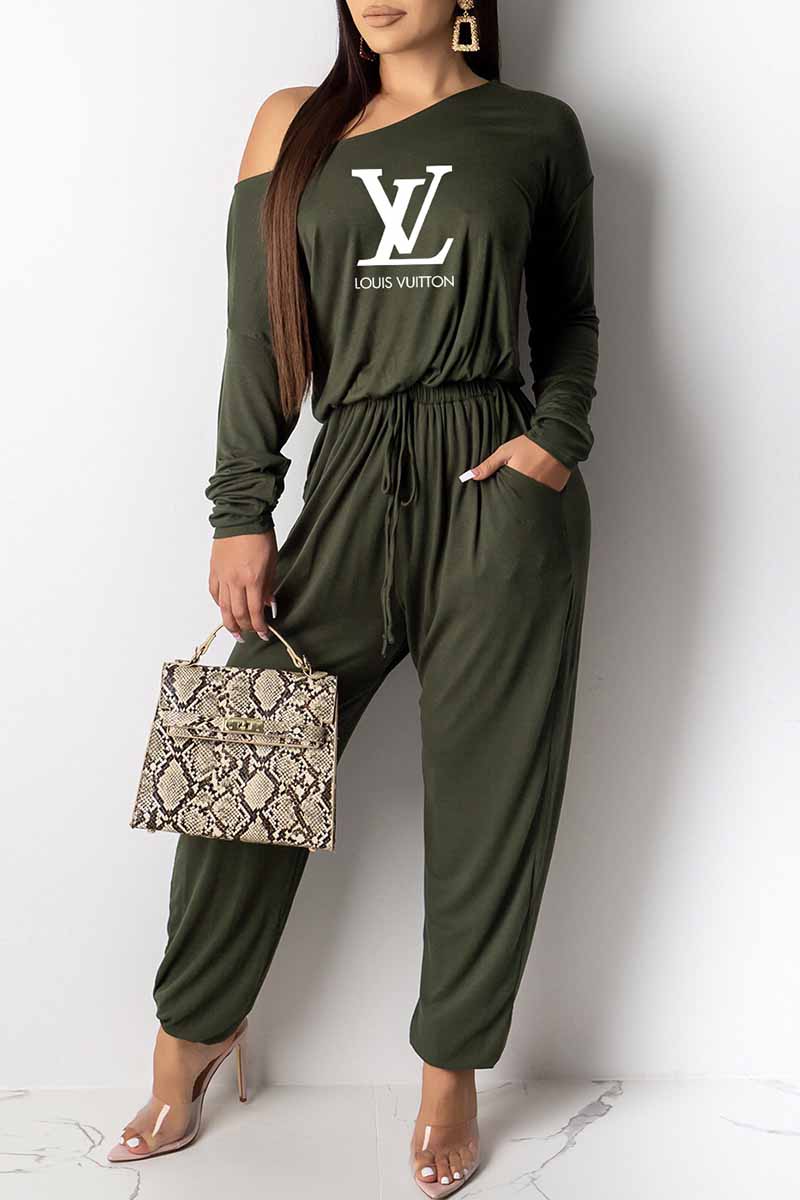 

Green Street Print Letter Oblique Collar Loose Jumpsuits