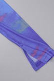 Blauwe sexy print uitgeholde patchwork doorzichtige rugloze O-hals kokerrokjurken