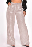 Pantalones de color sólido convencional de cintura alta regular patchwork sólido casual dorado