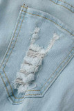 Blå Casual Street Solid Ripped Make Old Patchwork Denim Jeans med hög midja