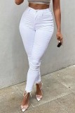 Calça jeans skinny branca casual patchwork sólida cintura alta