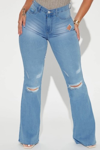 Blauw Casual Solid Ripped Patchwork Regular Denim Jeans met hoge taille