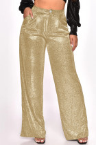 Pantalones de color sólido convencional de cintura alta regular patchwork sólido casual dorado