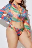 Rose Red Blue Sexy Print Patchwork Zipper Collar Plus Size Swimwear(With A Turban)