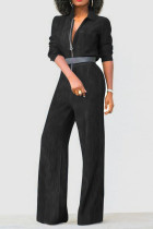 Черные повседневные прямые джинсовые комбинезоны в стиле пэчворк без пояса с отложным воротником и длинными рукавами (без пояса)