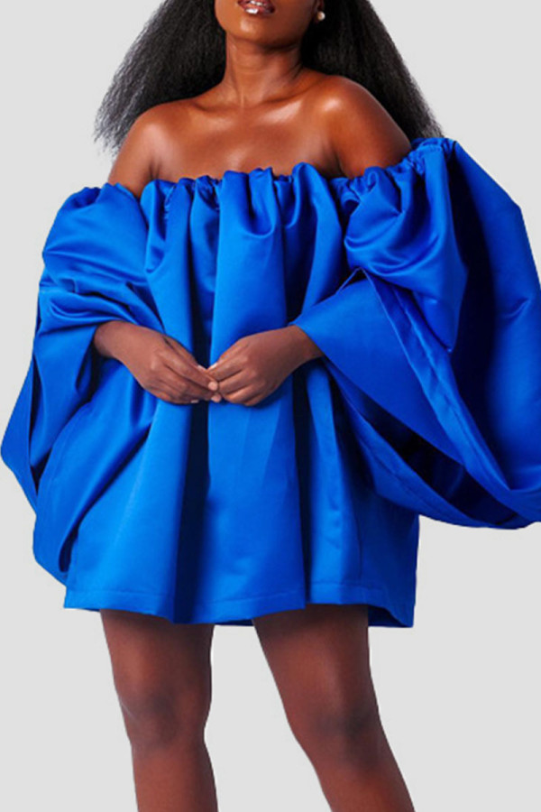 Vestidos de saia lanterna ombro a ombro azul sexy sólido patchwork (sujeito ao objeto real)