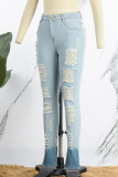 Blå Casual Street Solid Ripped Make Old Patchwork Denim Jeans med hög midja