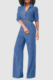 Patchwork tinta unita casual blu senza cintura con colletto alla rovescia e tute di jeans dritte a maniche lunghe (senza cintura)