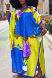 Gele casual straatprint patchwork gleuf V-hals recht grote maten jurken