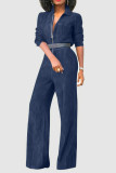 Macacão jeans liso casual azul sem cinto gola redonda manga comprida reta (sem cinto)