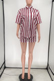 Red Casual Striped Patchwork Turndown Collar Short Sleeve Two Pieces