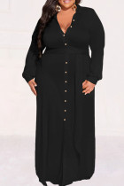 Vestido preto casual street patchwork sólido com fivela gola redonda camisa vestidos tamanho grande