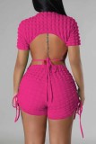 Rose Red Casual Solid Bandage Backless O Neck Short Sleeve Two Pieces