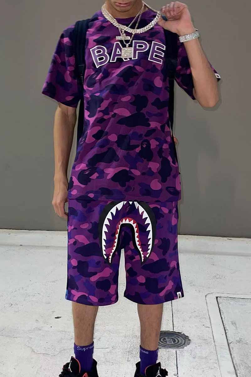 

Purple Casual Print Letter O Neck Short Sleeve Two Pieces