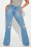 Blauw Casual Solid Ripped Patchwork Regular Denim Jeans met hoge taille