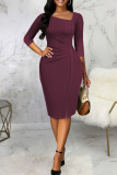 Burgundy Elegant Solid Patchwork Asymmetrical Collar One Step Skirt Dresses