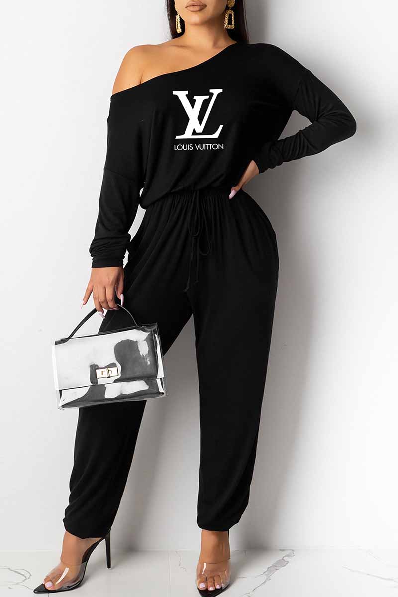 

Black Street Print Letter Oblique Collar Loose Jumpsuits