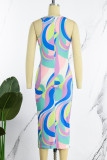 Multicolor Casual Print Basic O-hals ärmlösa klänningar