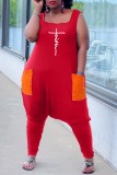Traje de baño de talla grande con cuello cuadrado de bolsillo de patchwork estampado casual rojo (sin cinturón)
