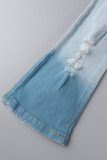 Blaue Casual Street Solide Zerrissene Make Old Patchwork High Waist Denim Jeans
