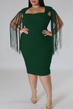 Green Sexy Solid Tassel Patchwork Square Collar Plus Size Dresses(Subject to the Actual Object)