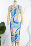 Multicolor Casual Print Basic O-hals ärmlösa klänningar