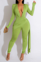 Grön Sexig Solid Patchwork V-hals Skinny Jumpsuits