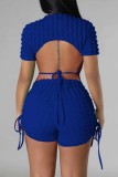 Blue Casual Solid Bandage Backless O Neck Short Sleeve Two Pieces