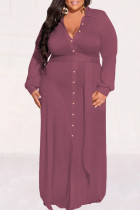Серо-розовое повседневное уличное однотонное платье-рубашка в стиле пэчворк с отложным воротником и пряжкой Платья больших размеров