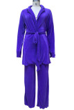 Purple Casual Solid Bandage Patchwork Fold Turndown Collar Long Sleeve Two Pieces
