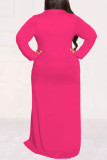 Розово-красное повседневное уличное однотонное платье-рубашка в стиле пэчворк с отложным воротником и пряжкой Платья больших размеров
