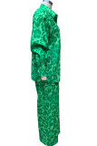 Green Casual Street Print Leopard Patchwork Buckle Turndown Collar Manica lunga Due pezzi