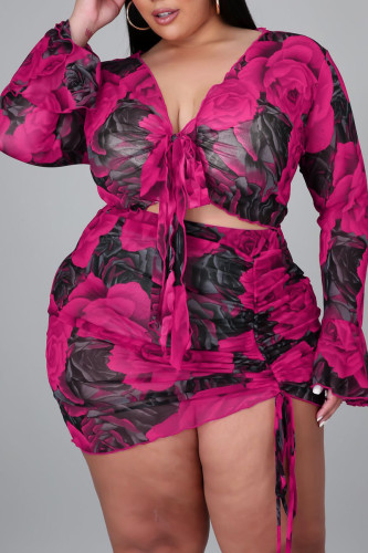 Rose Red Sexy Print Bandage Patchwork Draw String V Neck Plus Size Two Pieces