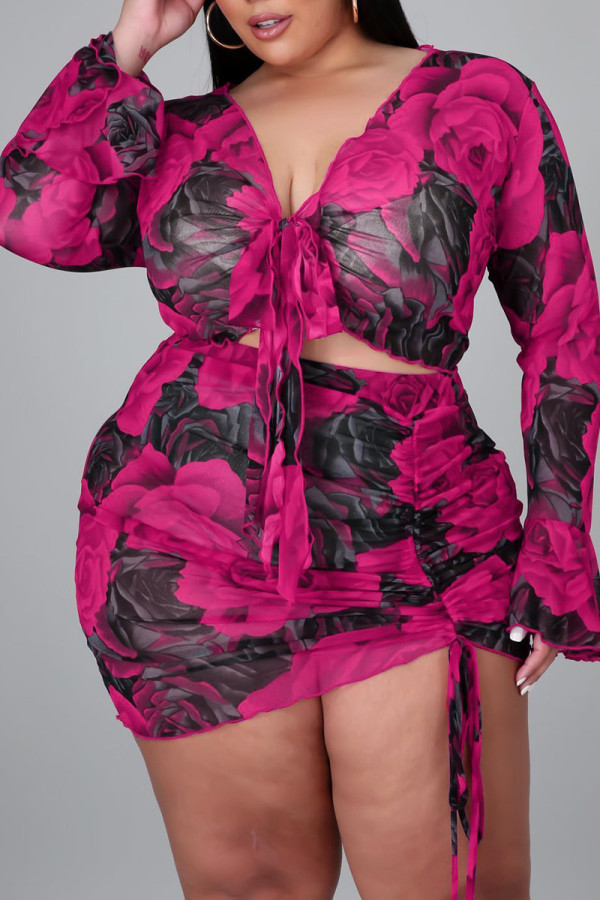 Rose Red Sexy Print Bandage Patchwork Kordelzug V-Ausschnitt Plus Size Two Pieces